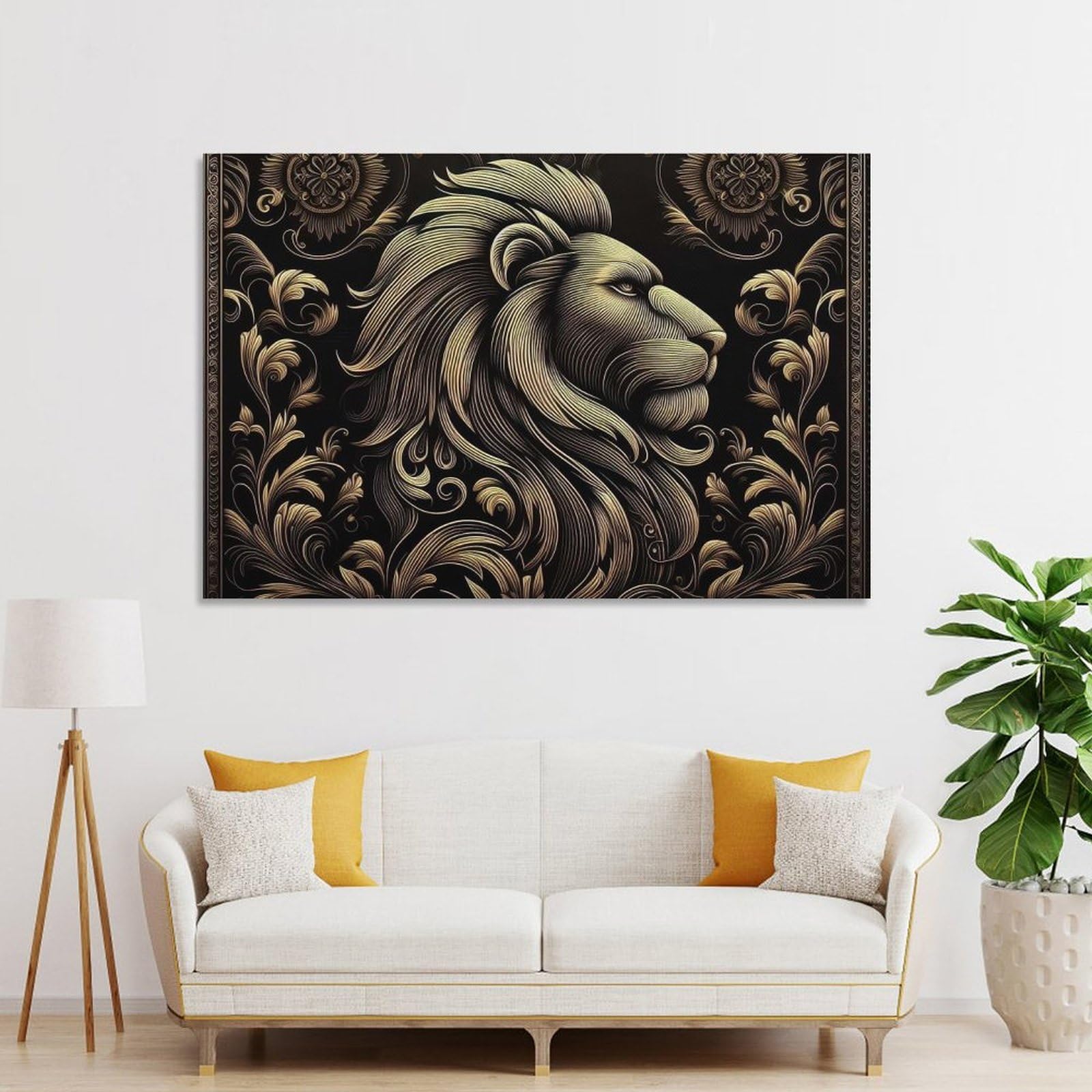 Junmoney Golden Lion Portrait Canvas Wall Art 20x30inch(50x75cm), for Study, Office Or Focused Interiors, Home Office Artwork with Decorative Appeal