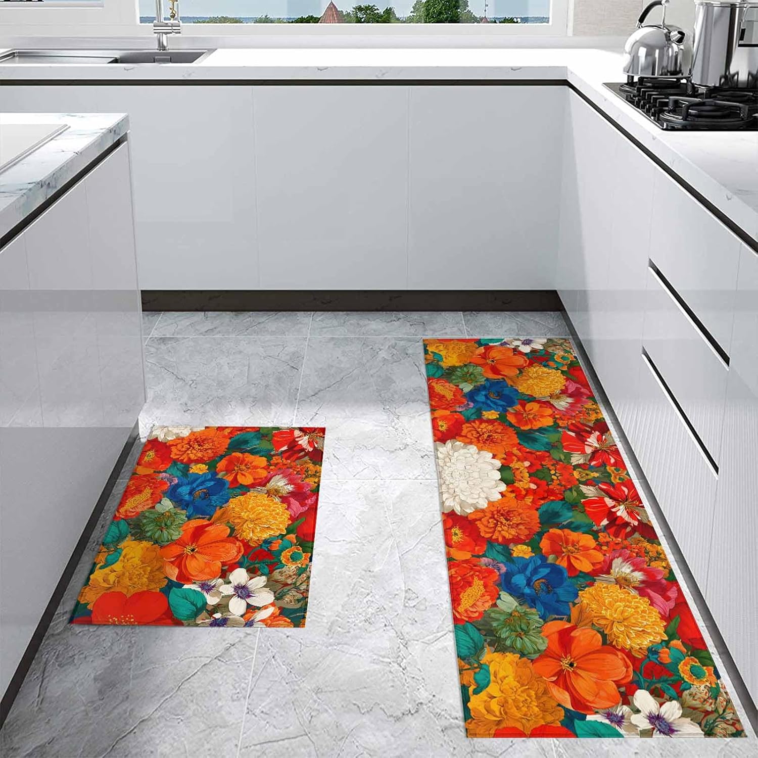 Kitchen Mats for Floor Watercolor Boho Blue Red Orange Flowers Washable Non Slip Kitchen Rugs 2PCS, Vintage Floral Absorbent Standing Mats for Sink Bathroom Office Living Room 15.7x23.6in+15.7x47.2in