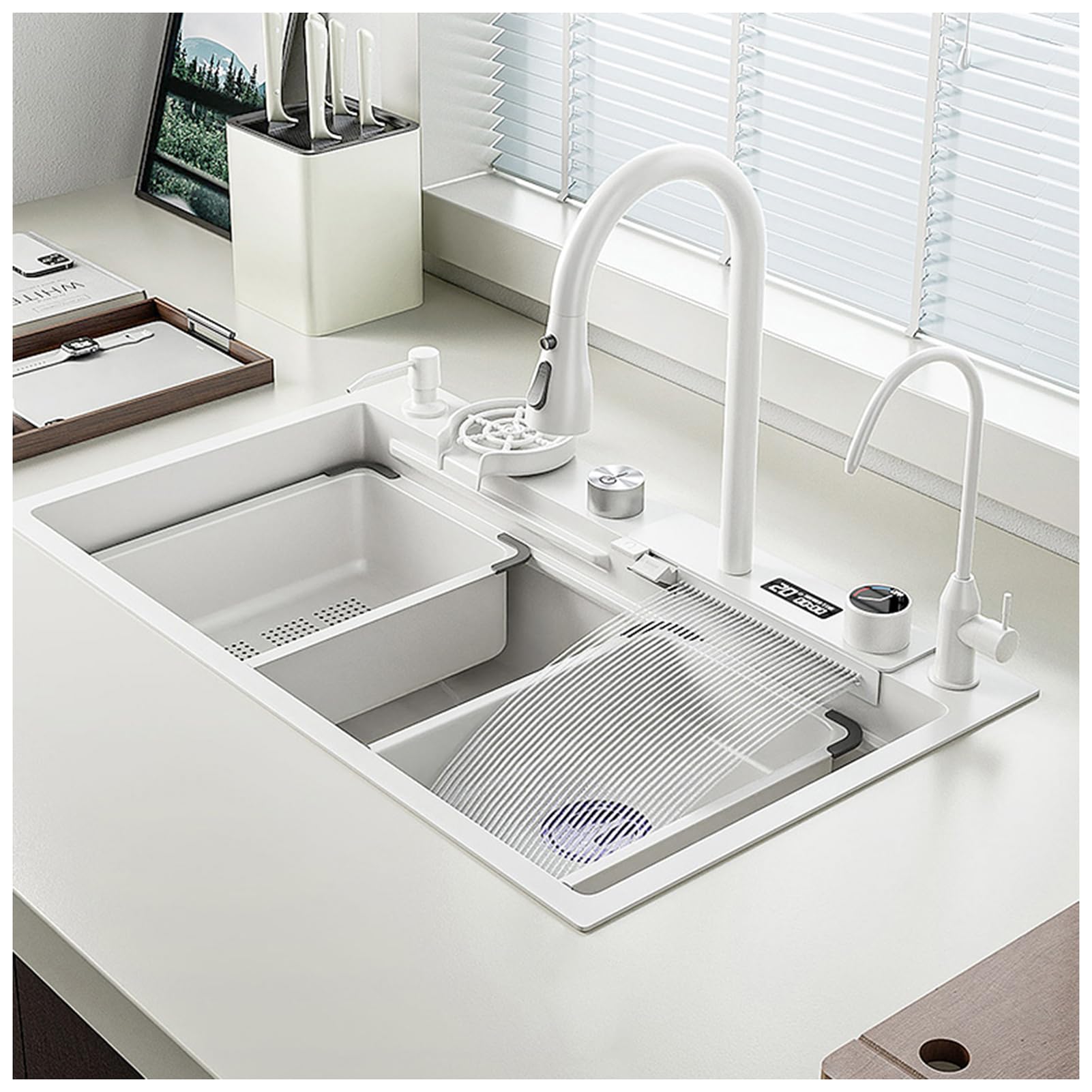 ZQFHSX White Kitchen Sink,Multi-functional Waterfall Sink,with With Digital Display and Pull Down Sprayhead Faucet, Single Bowl Workstation Sink (Color : White, Size 75x45x21cm)