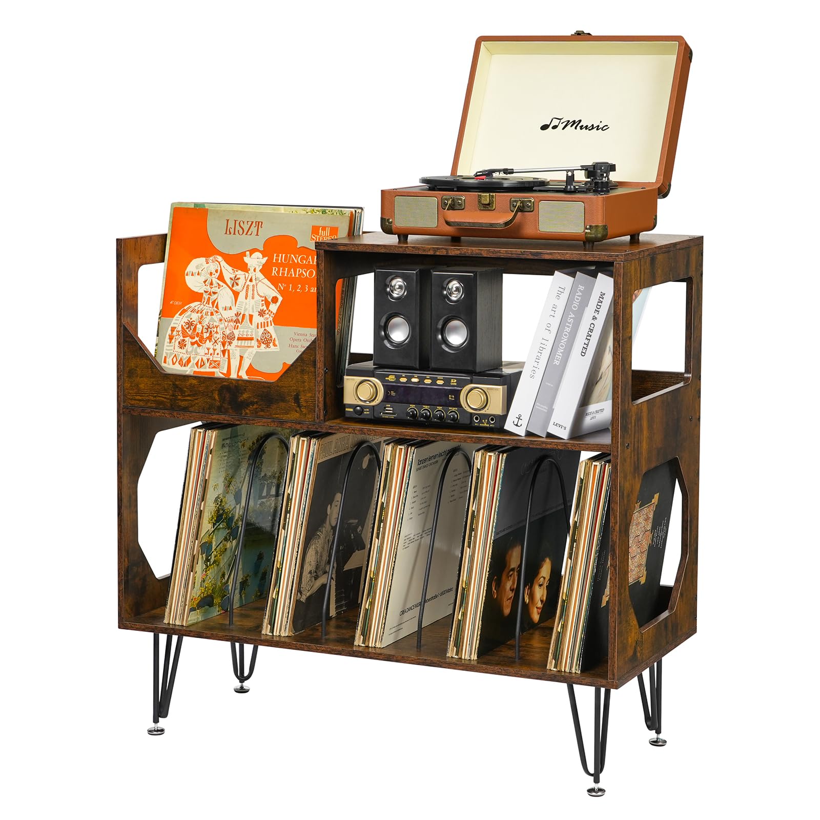 ikkle Large Rustic Record Player Stand, 2 Tier Record Player Table with Vinyl Record Storage, Vinyl Record Storage Cabinet with Metal Legs, Turntable Stand for Living Room, Bedroom, Holds 370 Albums