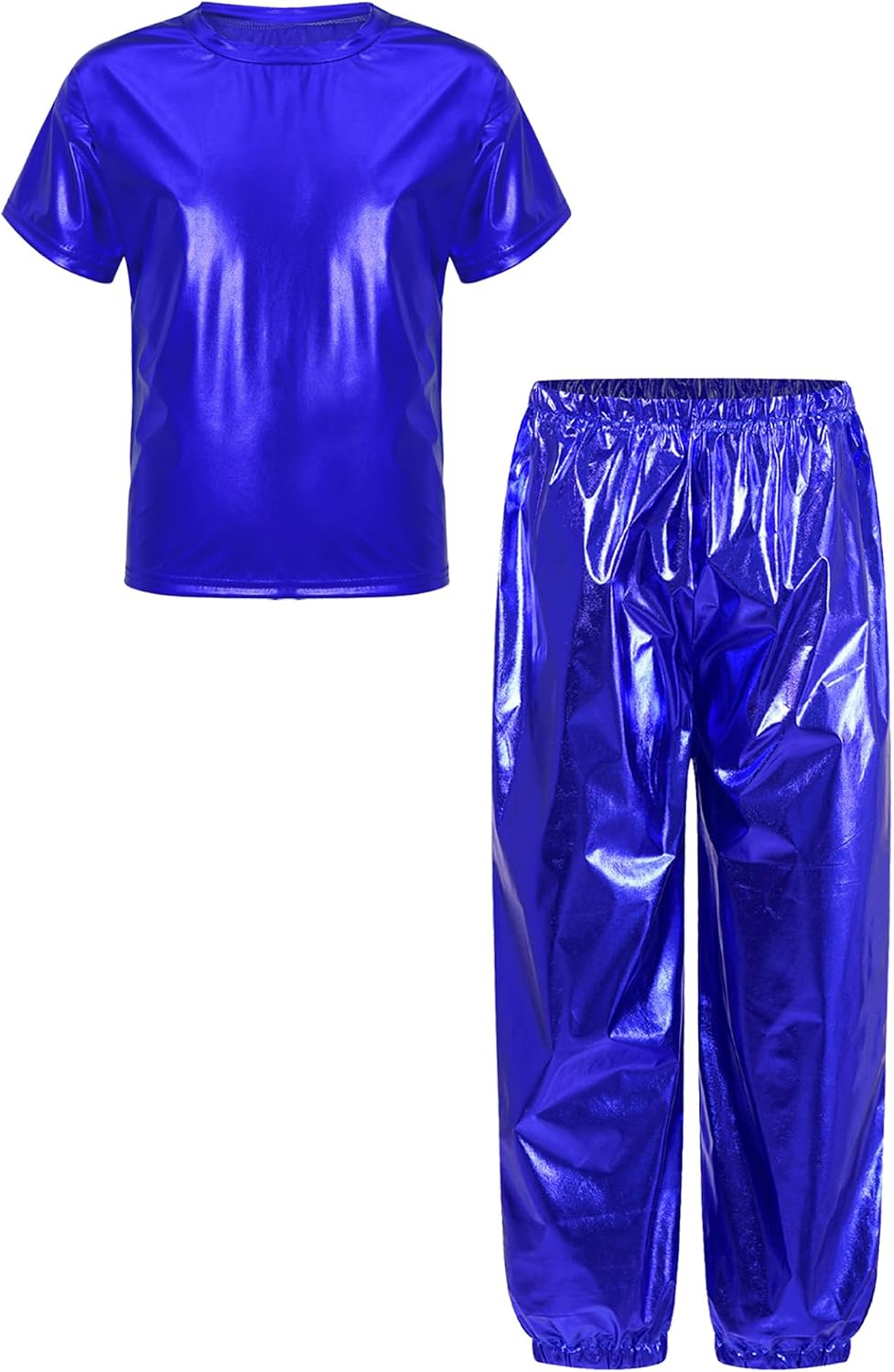Jugaoge Boys Girls 2pcs Jazz Dance Clothes Set Shiny Hip Hop Disco Theme Party Outfits Short Sleeve Royal Blue 13-14 Years