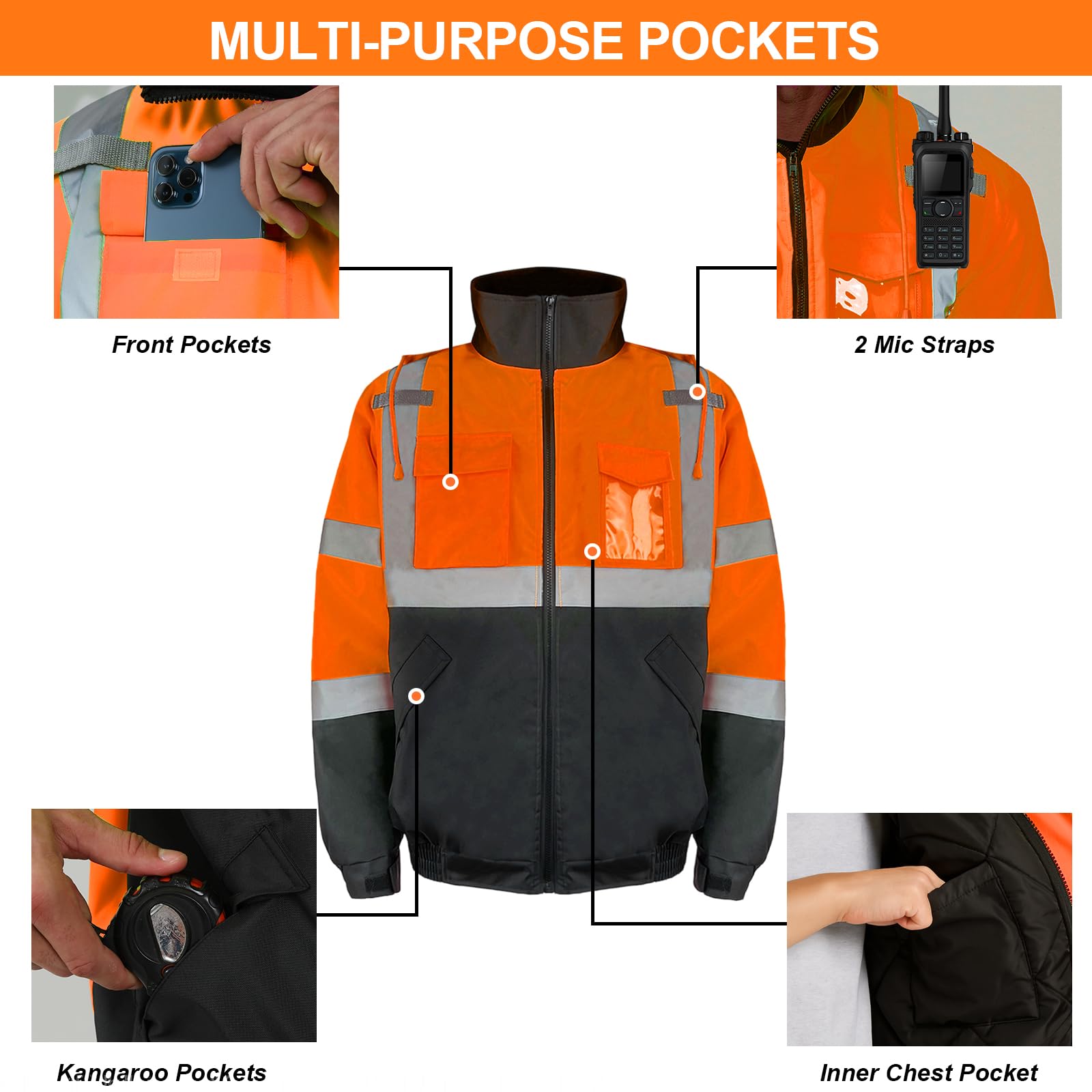 HYCOPROT Veste de Sécurité pour Hommes Veste Bomber Réfléchissante Haute Visibilité Vestes de Pluie Avec Poches de Travail Imperméables Gilets de Sécurité pour Temps Froid Normes EN ISO 20471