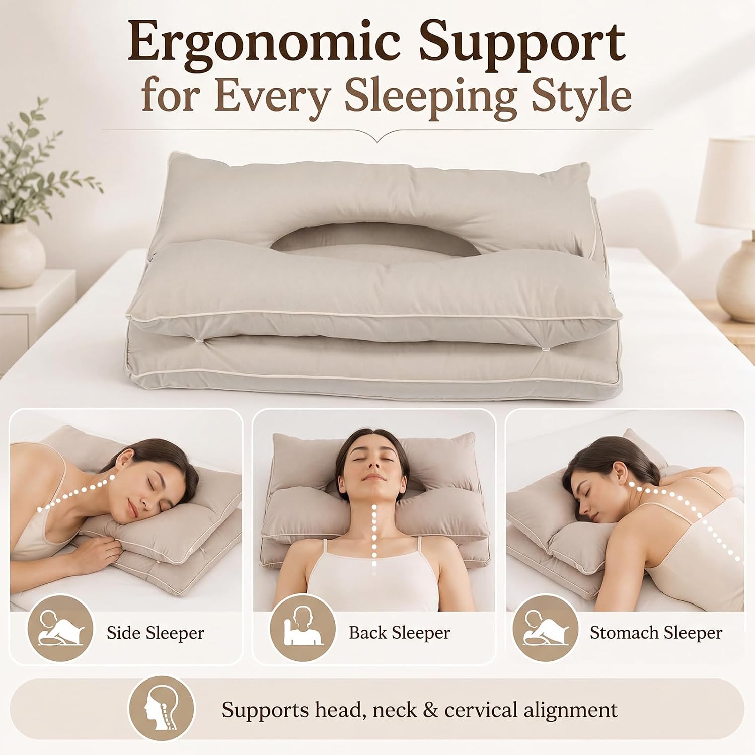 Yookeer 2 in 1 Cervical Neck Pillow for Sleeping 26 x 17 Inch Adjustable Gray Cotton Ergonomic Pillow with Snap Buttons Neck Support Supplies Ear Pressure Relief for Side Back Stomach Sleeper