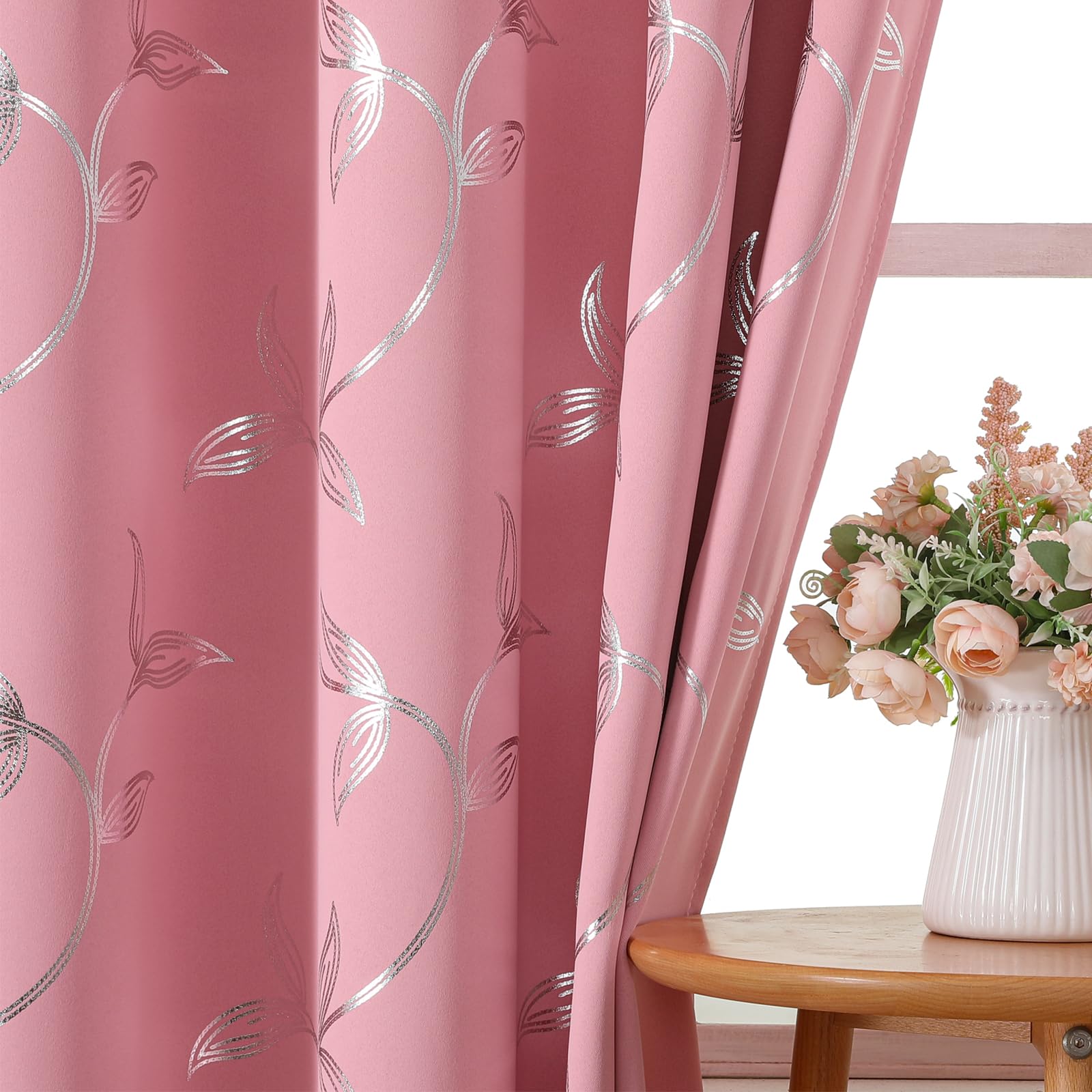 Gazal Vole Pink and Silver Curtains for Girls Bedroom Nursery, 70%-80% Light Filtering Eyelet Curtains, 102 inch Drop, Metallic Silver Leaf Foil Printed Privacy Window Drapes, 2 Panels-W52'' x L102''
