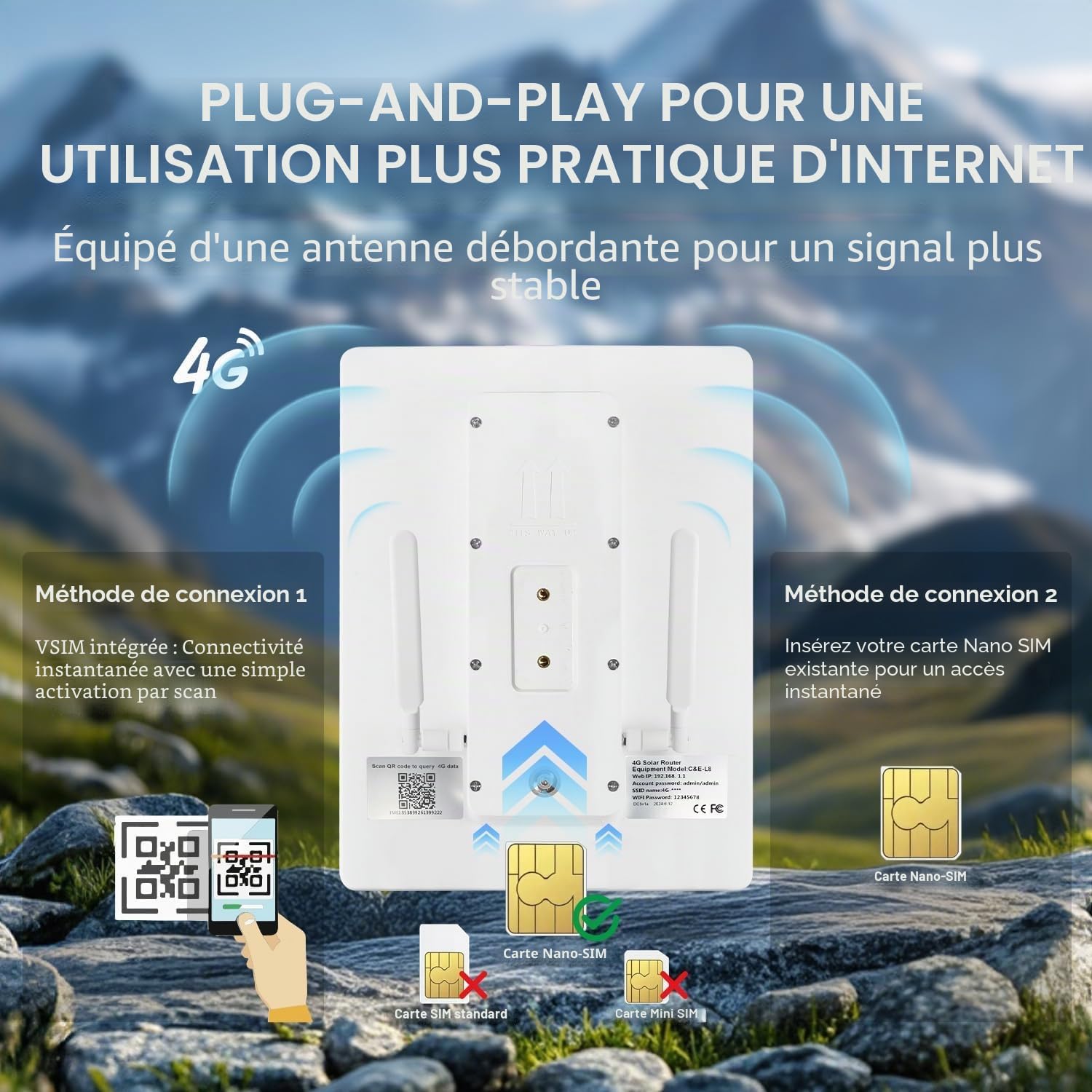 SECUEYE Routeur Solaire 4G LTE 2,4 GHz WiFi Hotspot Point d'accès sans Fil VSIM et Emplacement pour Carte SIM Batterie 26 000 mAh intégrée IP66 étanche extérieure pour caméra de sécurité