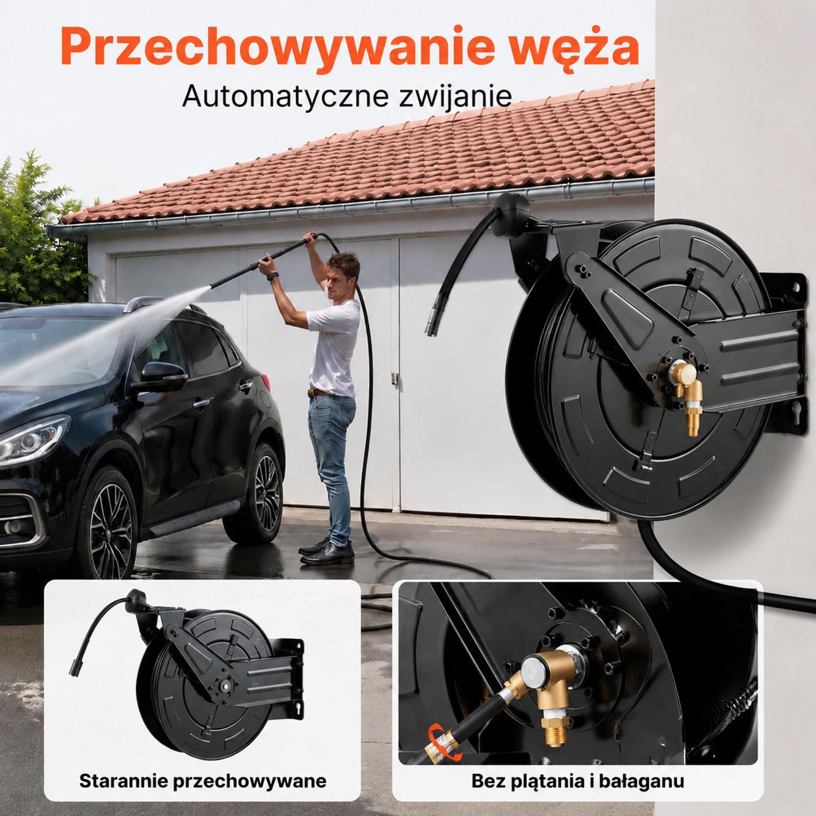 Bęben na wąż do myjki ciśnieniowej, stalowa rama, automatyczne zwijanie, montaż ścienny lub podłogowy, pojemność 15,2 m, złącze 3/8 cala, dla auta i ogrodu