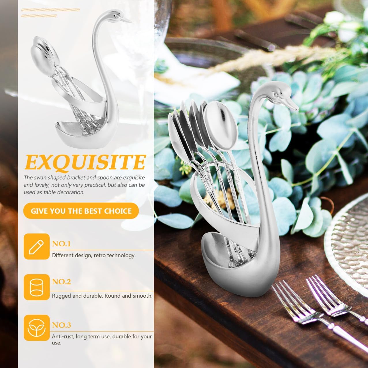 1set Swan-shaped Alloy Dessert Spoon Set Silver Fruit Spoons for Dining Table Elegant Kitchen Utensils for Coffee Desserts and Salads