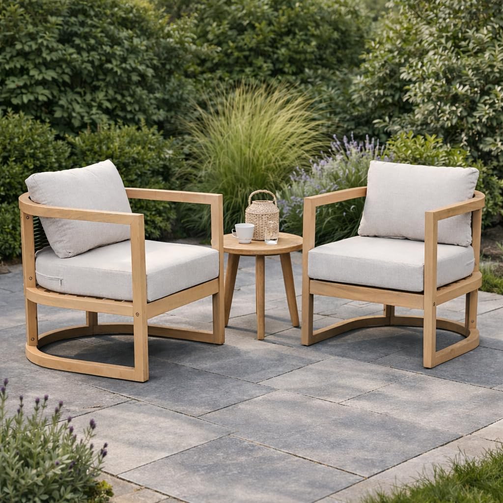 Fido Acacia Wood Lounge Chair Outdoor Set of 2 with Cushion, Solid Wood Patio Accent Chair with PE Wicker Backrest, Patio Furniture Set Sofa Chair, Light Teak+Beige