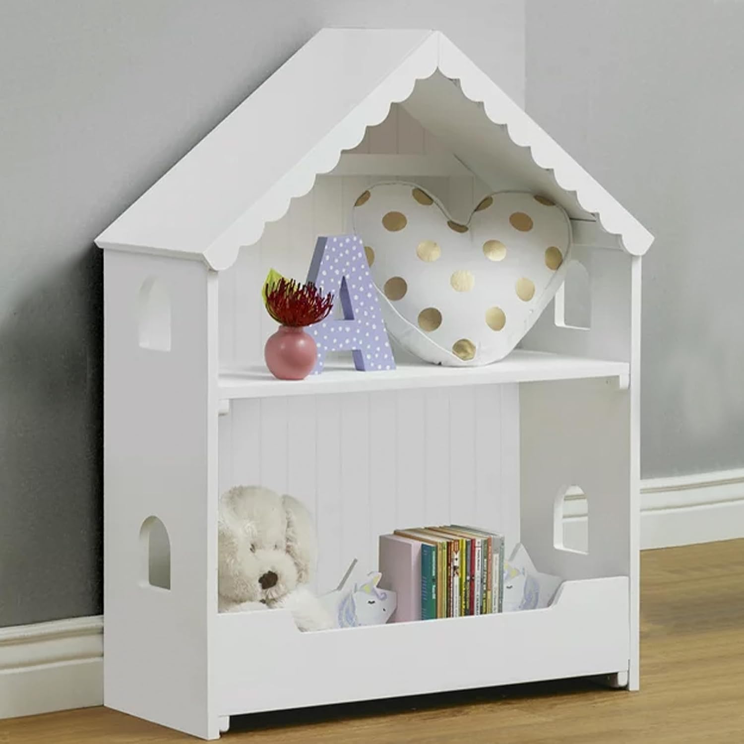 Sorelle Furniture Sweet Home Kids Bookshelf, Wooden Children's Bookcases with Storage, Book and Toy Organizer Shelves Boys and Girls, Dollhouse Bookshelf-Children's Furniture-White