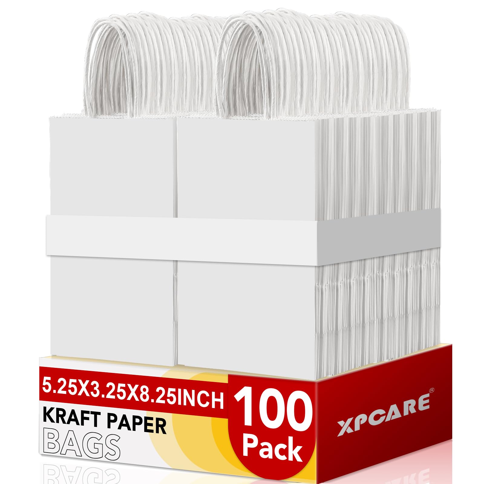 XPCARE 100Pcs Paper Gift Bags 5.25x3.25x8.25'', Small Paper Bags with Handles Bulk, Kraft Paper for Birthday Party Favors, Shopping, Retail White