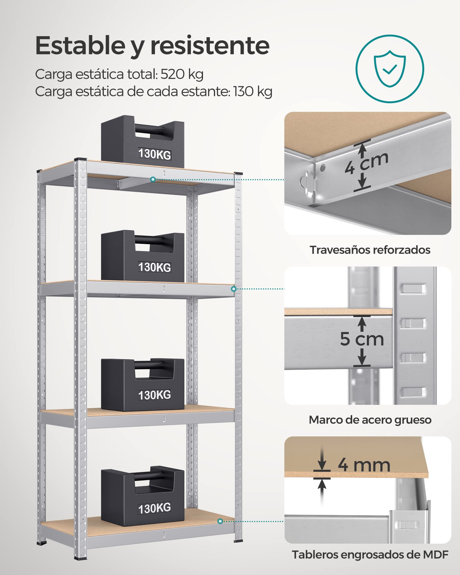 SONGMICS Estantería de 4 Niveles, Juego de 2 estanterías de Acero para Almacenamiento, Montaje sin Tornillos, para Garaje, cobertizo, Capacidad de Carga de 520 kg Cada una, 40 x 80 x 160 cm, Plata