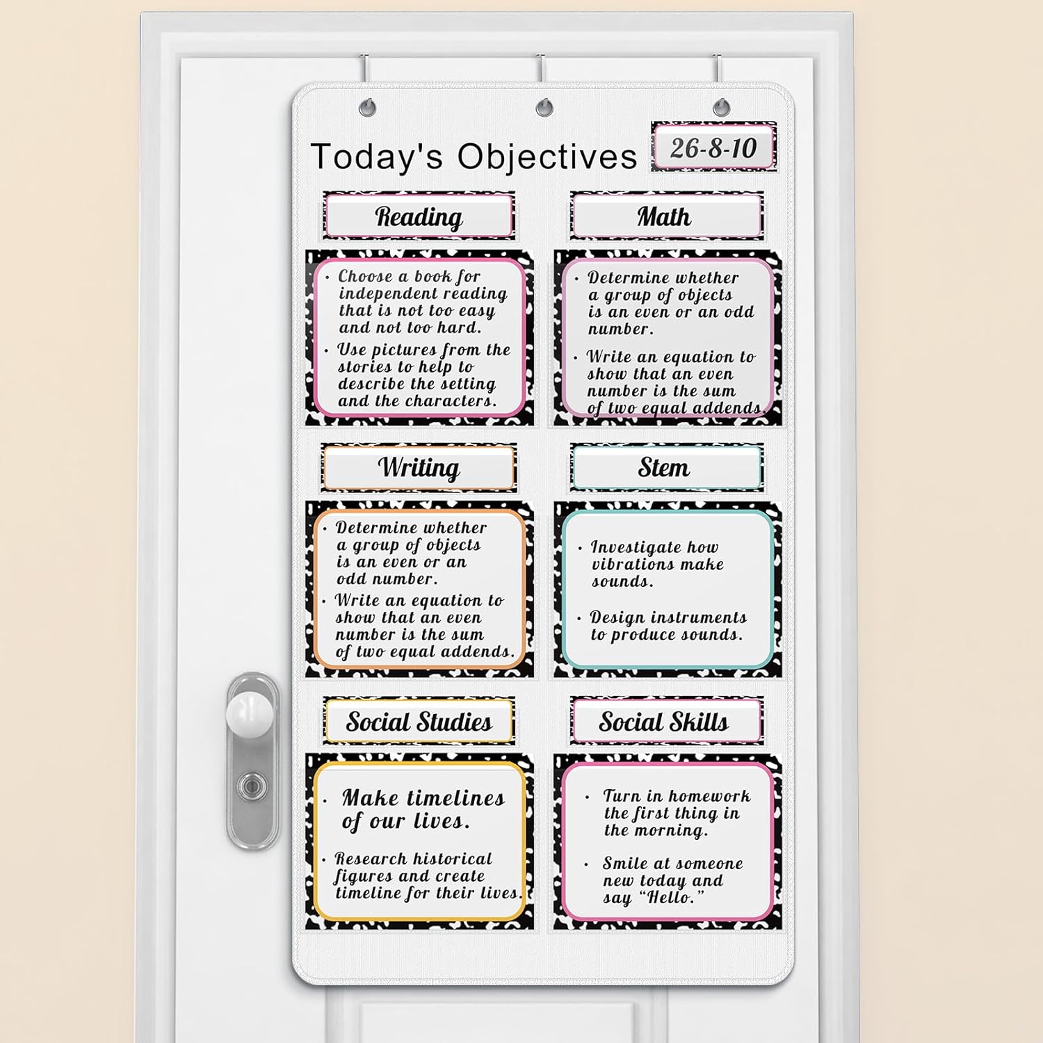 Feifeiya 17 Pcs Classroom Objectives Pocket Chart 24.41 x 45.28 '' Reusable Whiteboard with Hooks Teacher Supplies Classroom Organization Learning Goals Display (Exquisite Style)