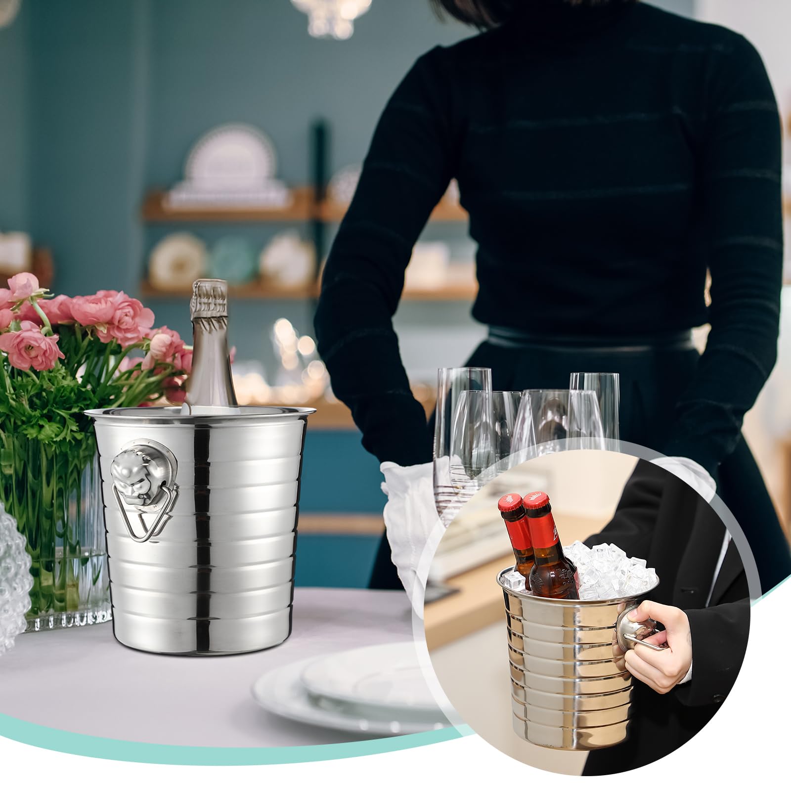 Pinkunn 6 Stück Edelstahl Champagnereimer 3 Qt Metall Eiskübel Doppelwand Weineimer mit Griffen Party Getränkekühler für Champagner Bier Cocktail Wein Getränke Home Bar Zubehör (Silber)