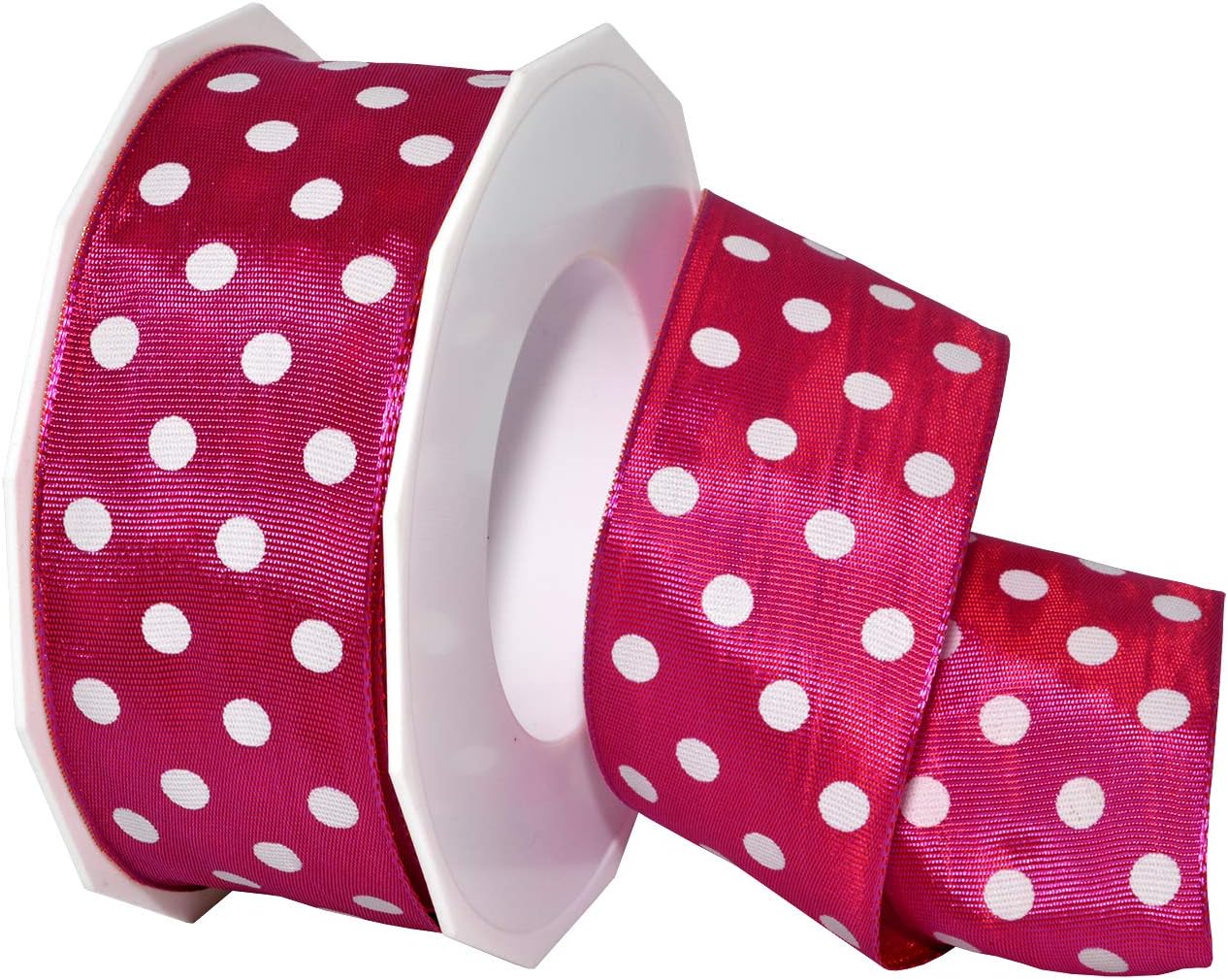 Morex Ribbon, Polka Dots Wired Taffeta, 1.5 inch x 20 Yards, Magenta with White dots