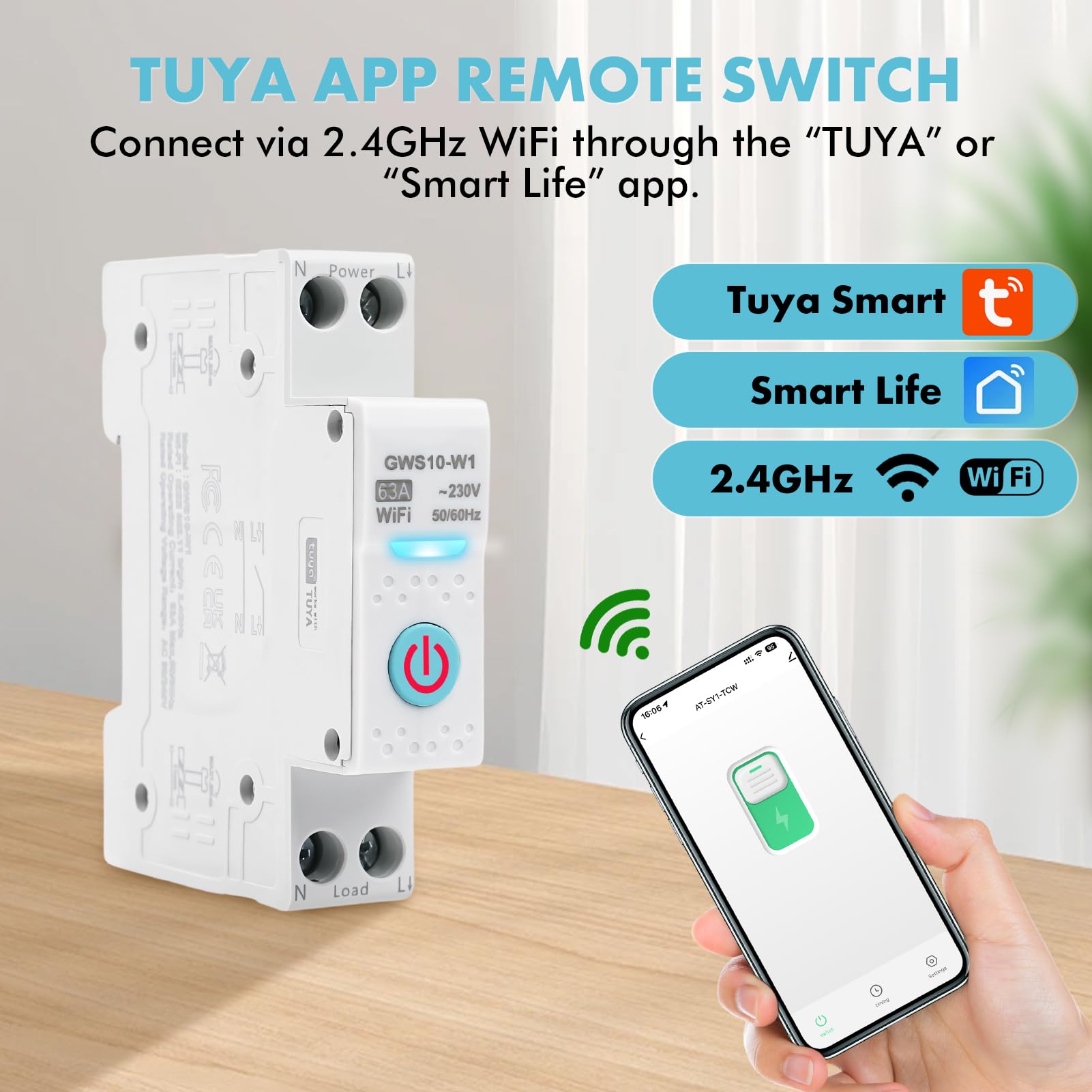 Tuya Disjoncteur Intelligent WiFi Smart Disjoncteur TUYA APP Commutateur de Commande vocale Compte à rebours Minuterie cyclique 63A 230VAC (GWS10-W1 Modèle de base)