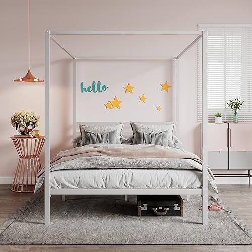 Miniatura 6 de SHA CERLIN Marco de cama con dosel de metal, base de colchón con soporte de listones de madera, no necesita somier, fácil montaje, blanco, tamaño