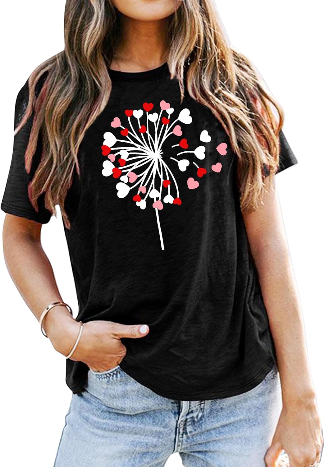 LHBNK Valentines Shirts for Womens Dandelion Tops Funny Love Heart Printed Tees Casual Valentine Gifts Clothes - Image 2