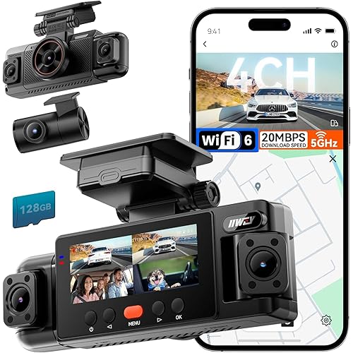 IIWEY N6 360° Dash Cam 4 Channel, 5.8G WiFi-6 (up to 20MB/s) with App, Free 128GB Card, FHD Front & Rear Inside Dash Cam for Car, 8 IR Lights Night Vision, GPS, 24/7 Parking Mode, G-Sensor