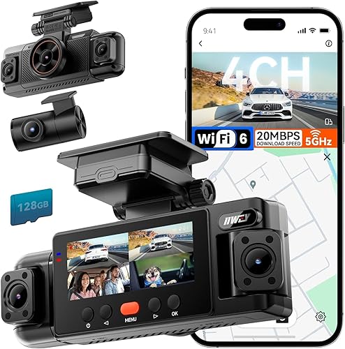 IIWEY N6 360° Dash Cam 4 Channel, 5.8G WiFi-6 (up to 20MB/s) with App, Free 128GB Card, FHD Front & Rear Inside Dash Cam for Car, 8 IR Lights Night Vision, GPS, 24/7 Parking Mode, G-Sensor