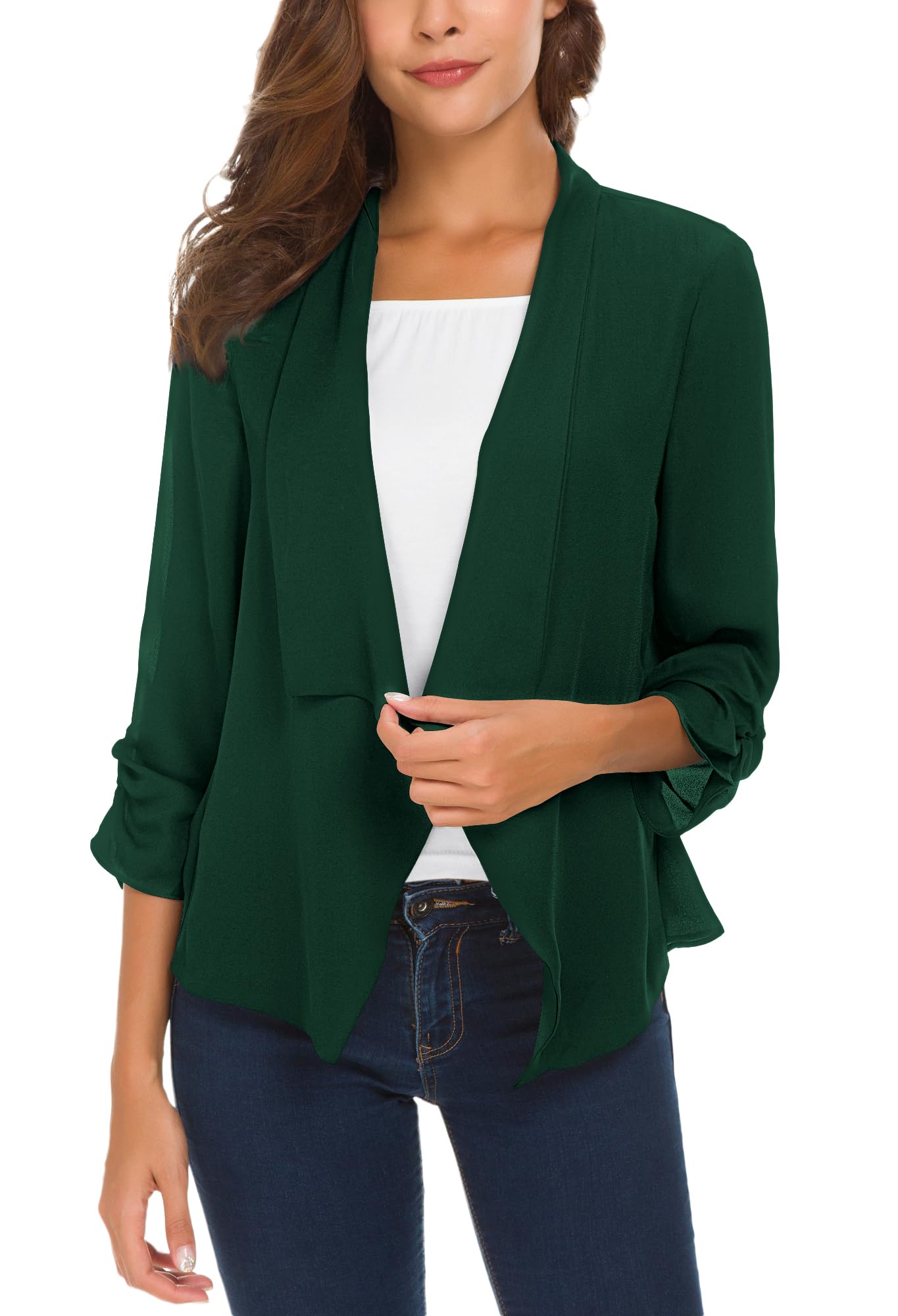 urban coco Women's Ruched Sleeve Lightweight Thin Chiffon Blazer, Dark Green, X-Large-picture-38