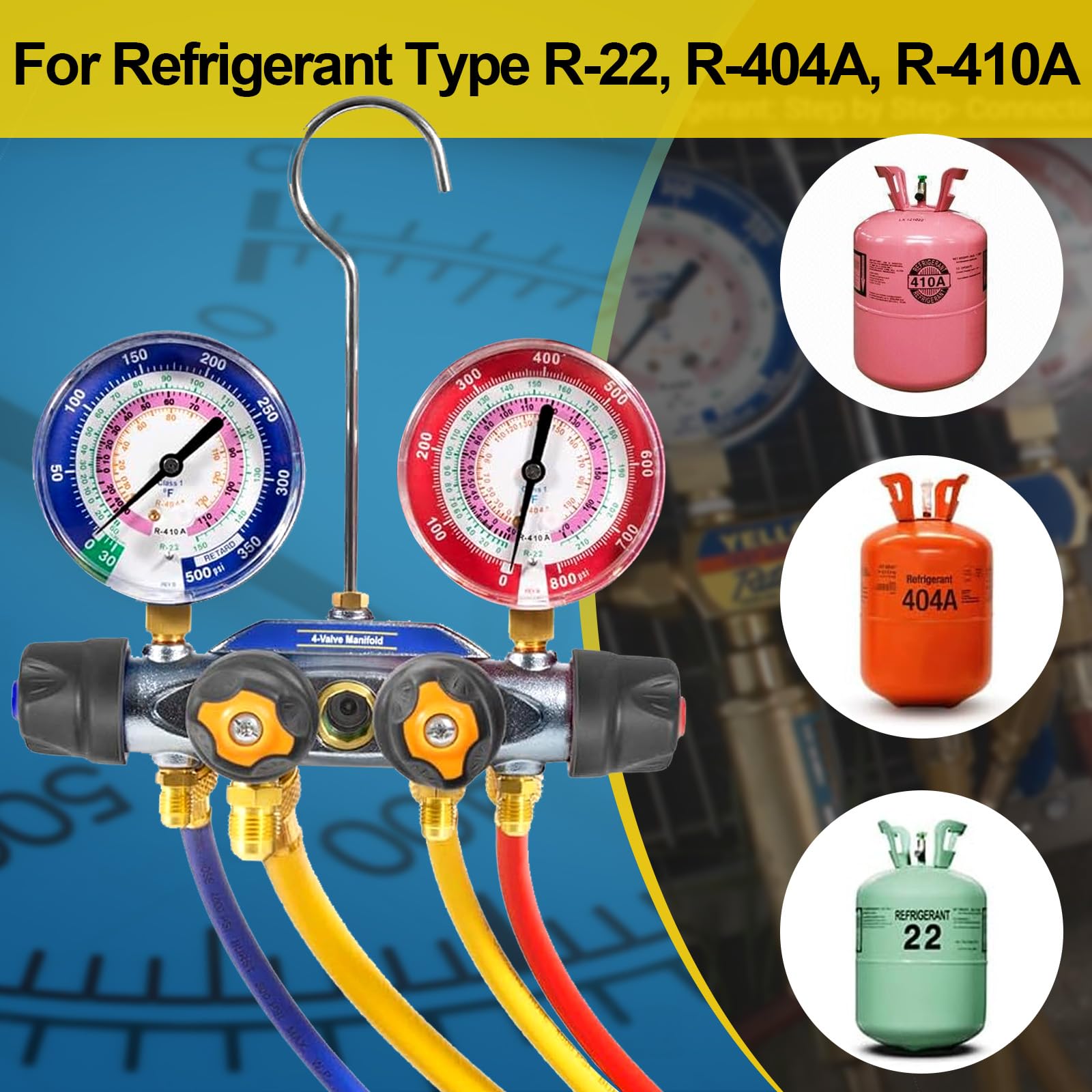 49968 4-Valve A/C Manifold Gauge Set With Hoses & Ball Valves - For R-22, R-404A, R-410A Refrigerant