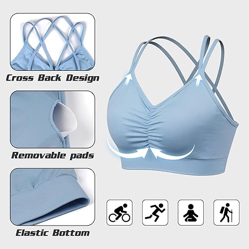 Miniatura 3 de Women's Cross Back Sports Bras Ruched Sports Bra Medium Support Removable Padded Yoga Bra for Workout Running 3 Pack