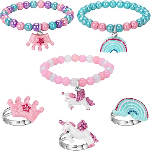 Juego de anillos de pulsera de unicornio – Pulsera de corona brillante arcoíris para niñas pequeñas – Juego de anillos de joyería para niñas pequeñas