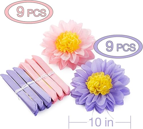 Miniatura 4 de MISU Flores de Papel Rosa Púrpura Flores de Papel de Seda Pompones Girasol Margarita Flores para Decoraciones de Fiesta, 10 Pulgadas, Paquete de 18