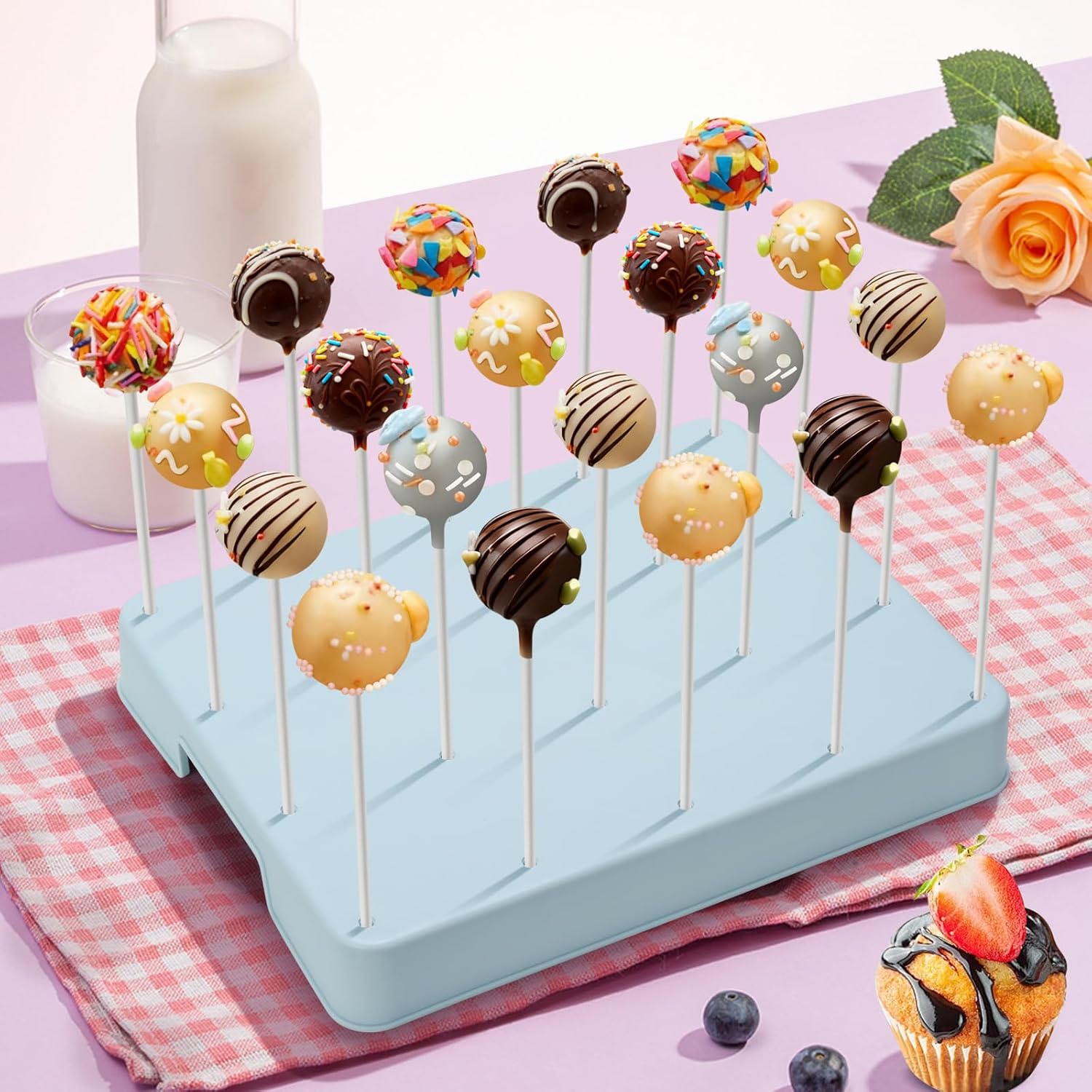 20-Hole Cake Pop Stand with Large Spacing and Taller Height, Easy to Use Upgraded Lollipop Holder & Cake Pop Holder with 100 Sticks, 100 Bags & 100 Ties, Dessert Table Display– Blue - Image 2