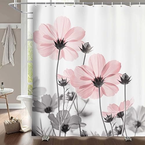 MERCHR Cortina de ducha única con diseño floral rosa para decoración de baño, diseño de margaritas rosas y grises, elegante diseño de flores