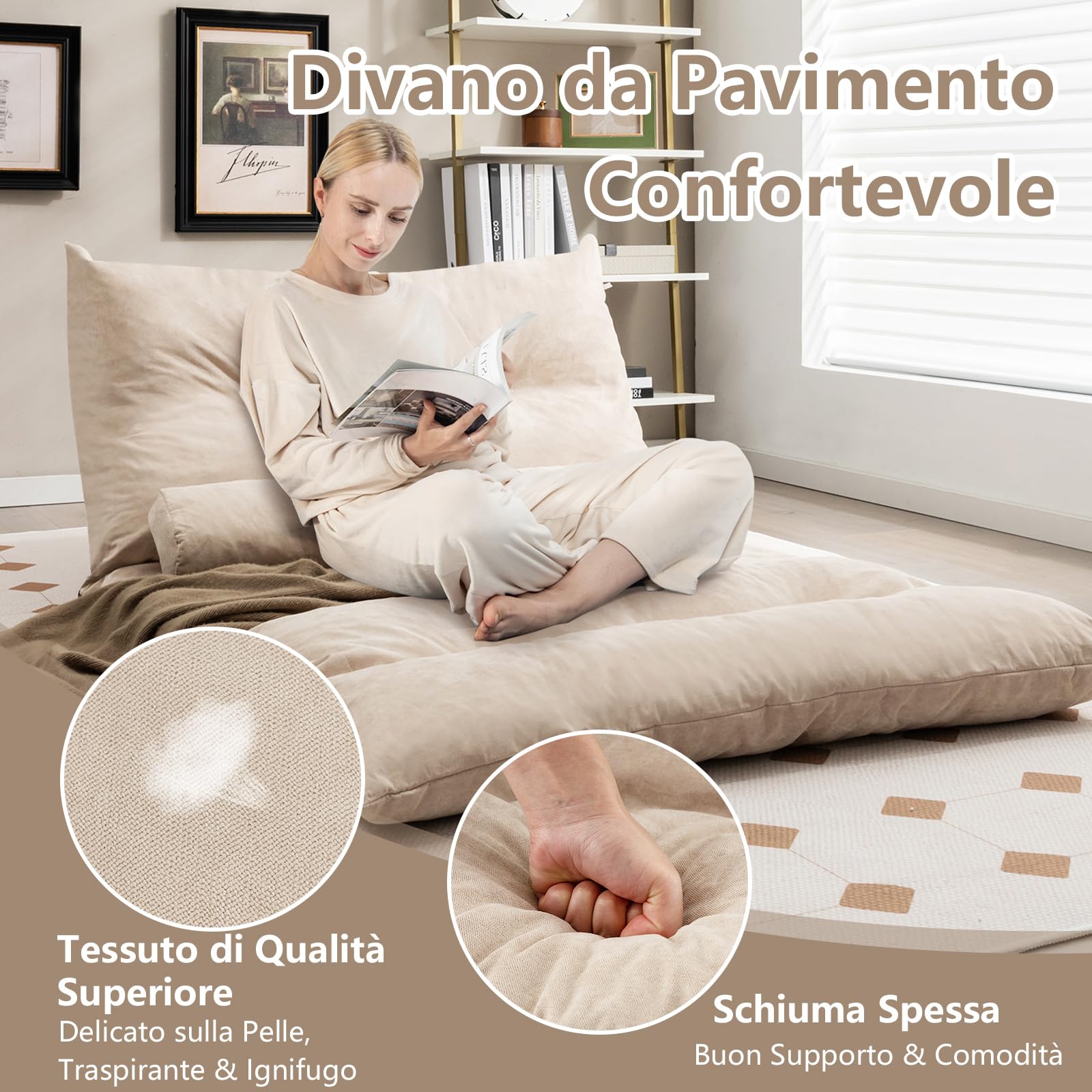 COSTWAY Divano da Terra Pieghevole, Divano Letto 2 Posti con Schienale Regolabile, Divano da Pavimento Trasformabile con 2 Cuscini per Camera da Letto Salone Balcone (Beige)