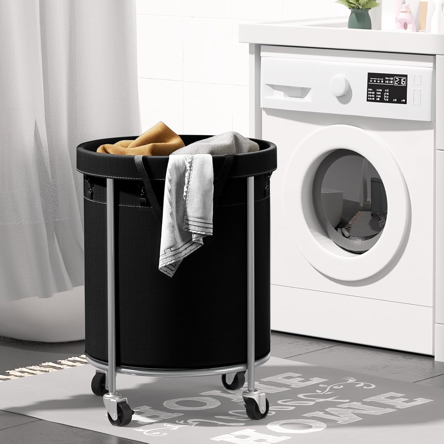 Aduanbang 170L Laundry Basket with Wheels, Rolling Hamper with Removable Bag & Steel Frame, Round Laundry Cart with 4 Casters & 2 Brakes, Ideal for Bedroom, Bathroom & Laundry Room
