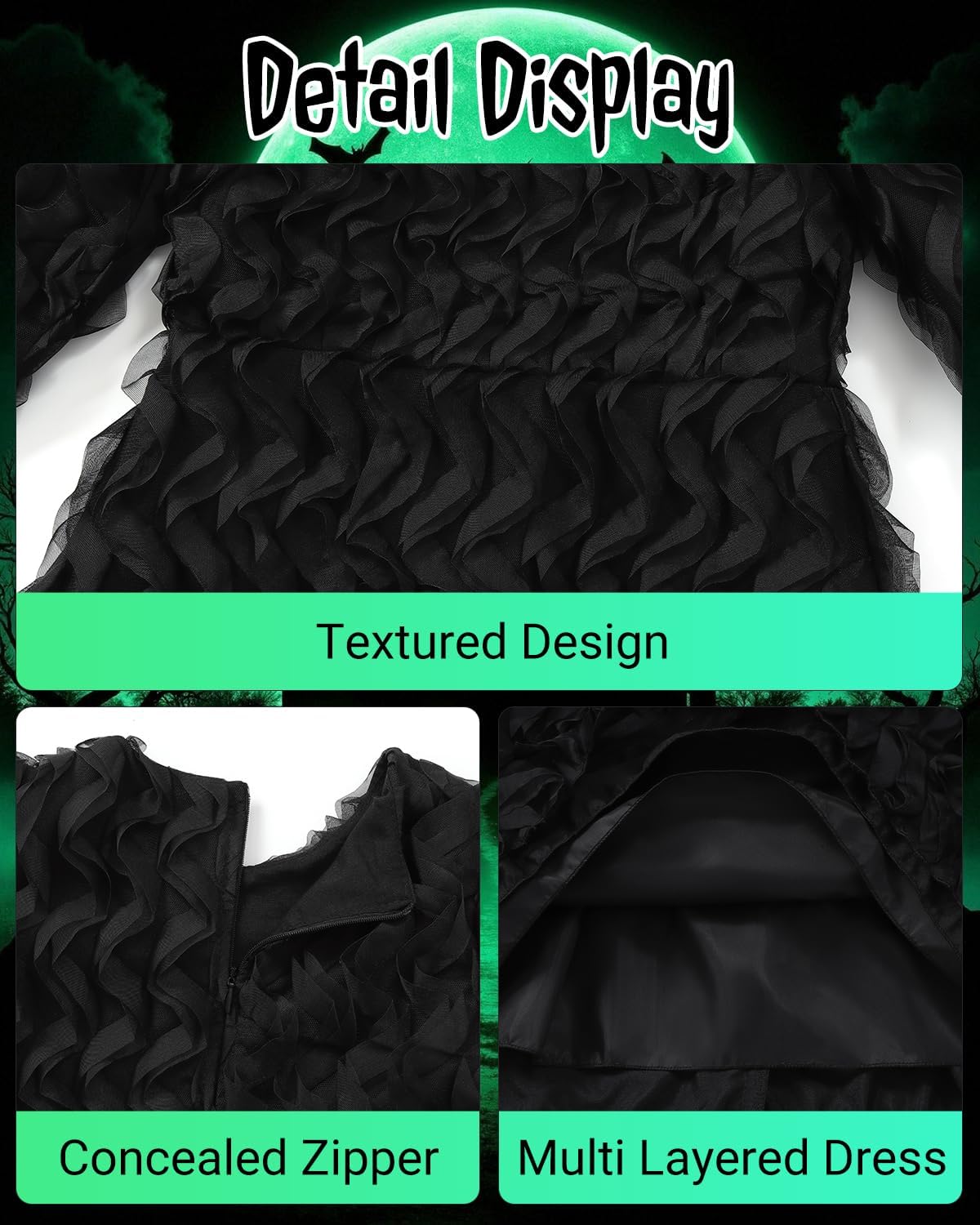 Girls Witch Costume Dress, Black Textured Dress for Kids Halloween Costumes, 6 Pcs Black Witch Cosplay Outfit - Image 4