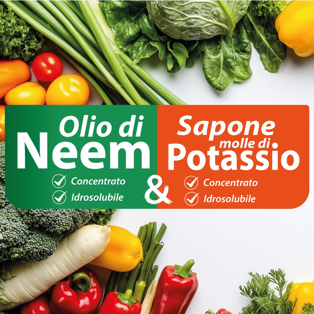 Olio di Neem - insetticida naturale biologico solubile in acqua (1 litro) + Sapone Molle di Potassio (1 litro)