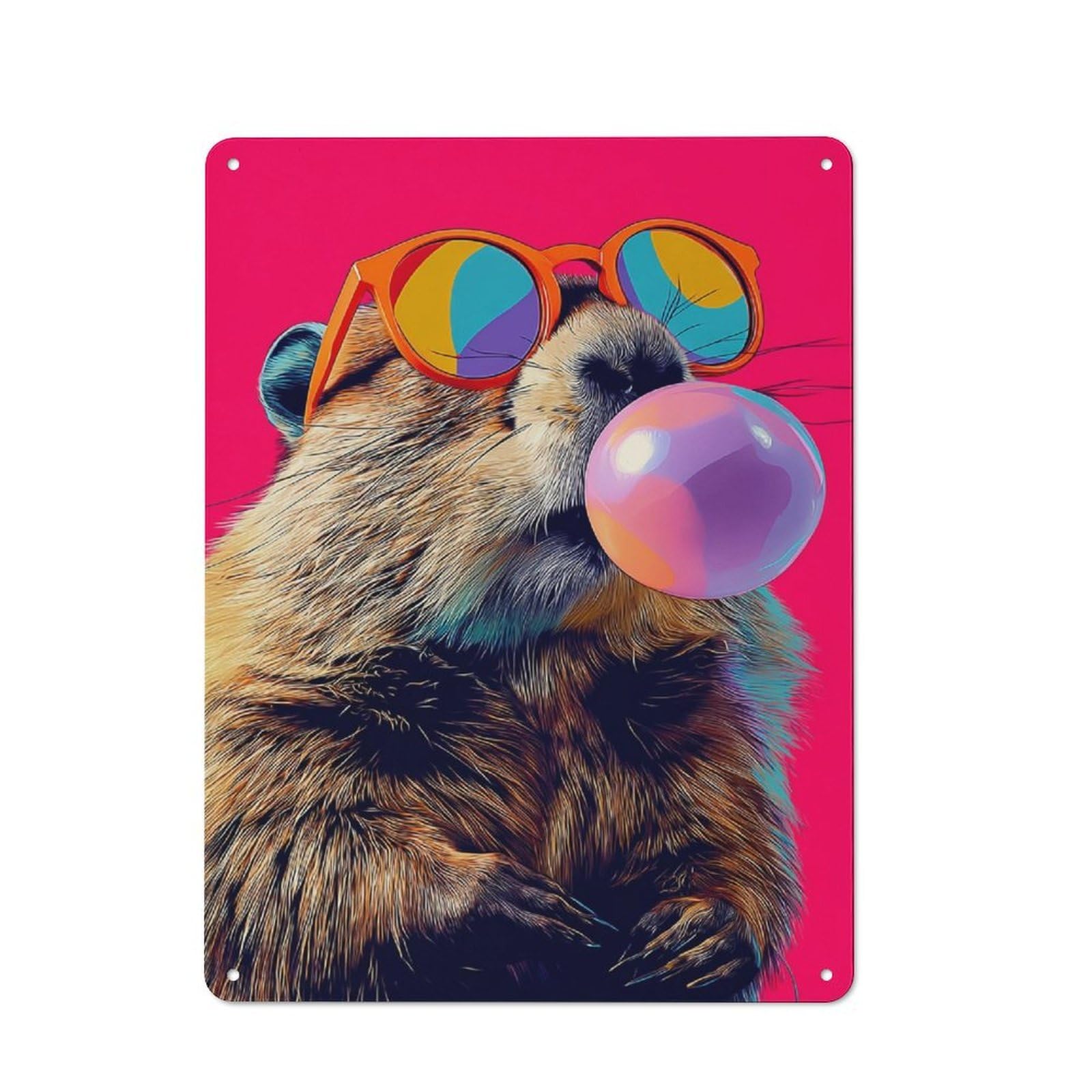 Junmoney Groundhog With Sunglasses Blowing Bubble Gum Retro-Style Metal Wall Sign 40X30cm For Living Room Wall, Gift Idea At Christmas For Feature Wall Decorators