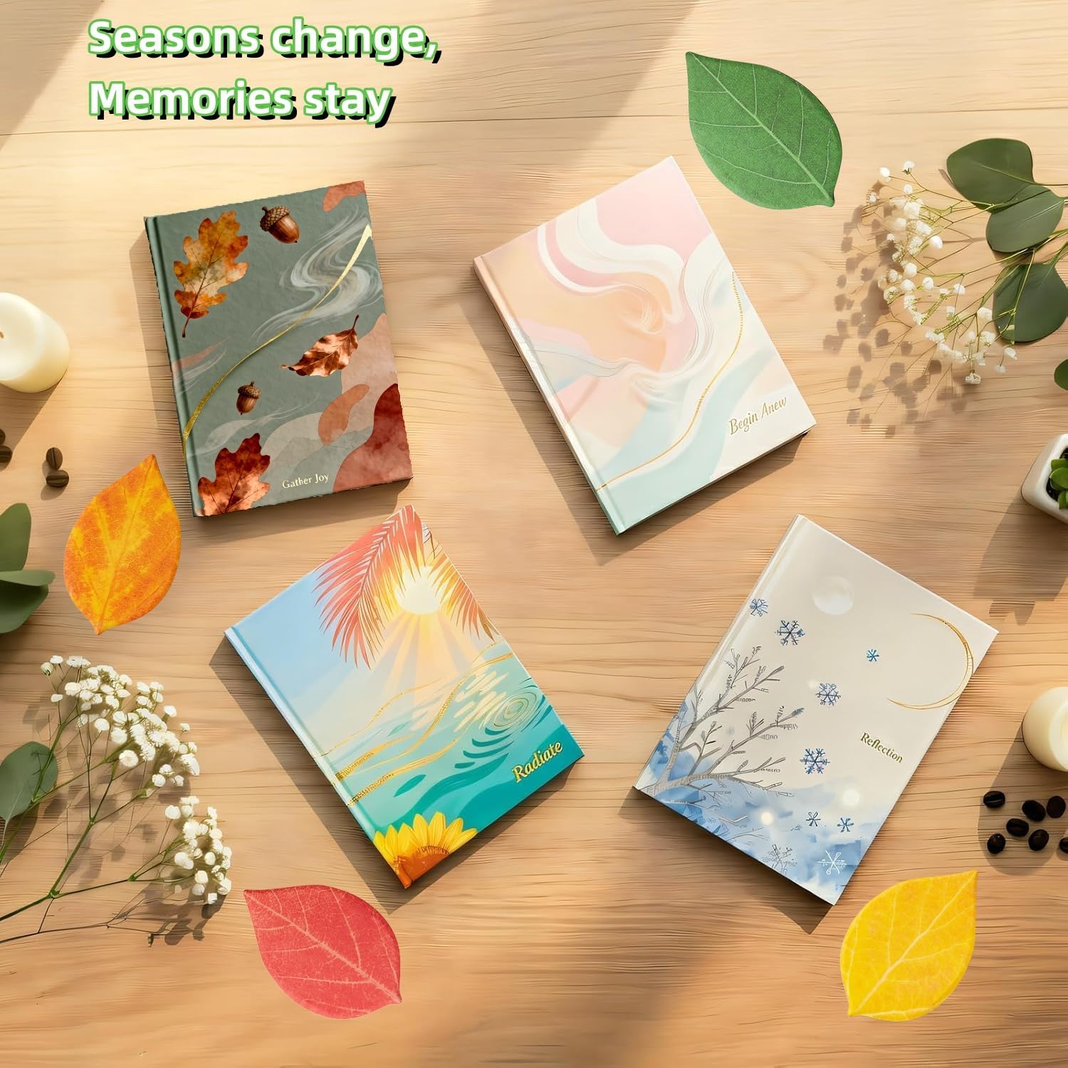 4 Pack Lined Journal Notebooks, A5 Hardcover Notebooks Set, with Exquisite Gift Box, Calendar, Writing Pen and Leaf Sticky, Travel Journals for Women Men Work, Business, School Supplies (Azure)
