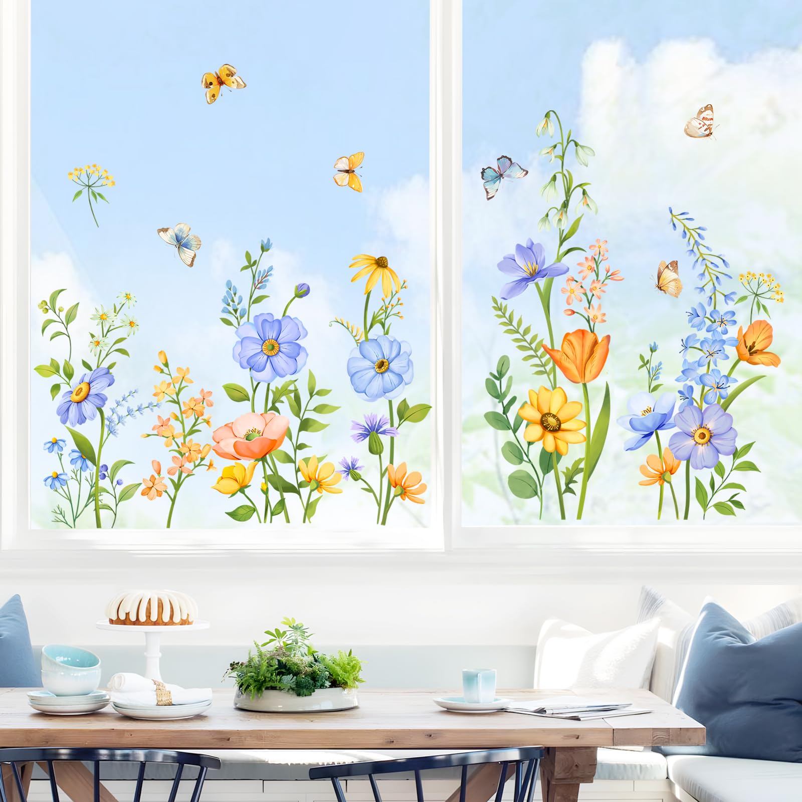Adesivi Per Vetri Fiori Selvatici – Decorazioni Primaverili Con Farfalle E Giardino, Effetto Fronte/Retro