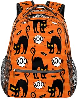 Mochilas para meninos e meninas gato preto mochila para laptop mochila escolar com vários bolsos Bat Boo Daypack com alça de ombro ajustável para viagens, caminhadas, acampamento, Multi, Medium