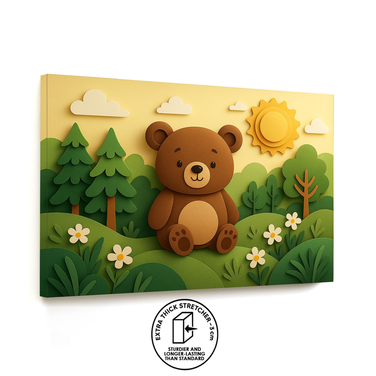 Artefizio Cuadro Infantil Decorativo con Animales, Bastidor Extra Grueso, Lienzo Personalizado con Nombre para Dormitorio de Bebé, Guardería o Aula de Juegos, Made In Italy (Sunny Bear Hills)