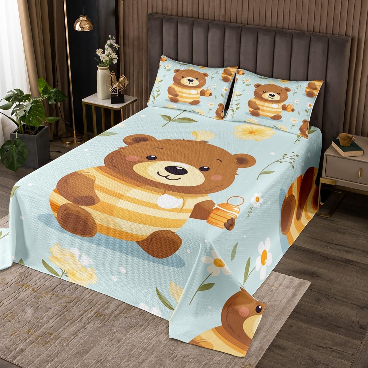 Homewish Cartoon Bear Bedspread Twin Size,Butterfly Flower Bedding Set for Kids Boys Girls Room Decor,Blue Spring Garden Theme Soft Coverlet Set,Colorful Moth Nature Animal Quilt 2Pcs,1 Pillowcase