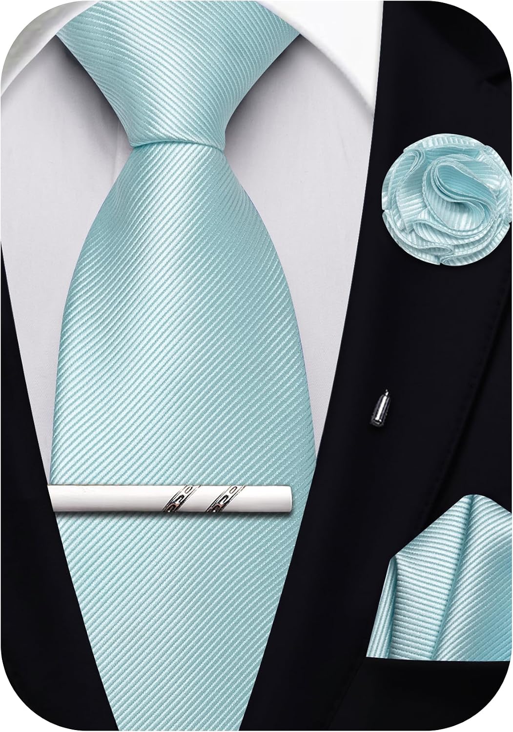 Solid Color Tie and Pocket Square with Tie Clip Lapel Pin Silk Formal Necktie Set Wedding Formal
