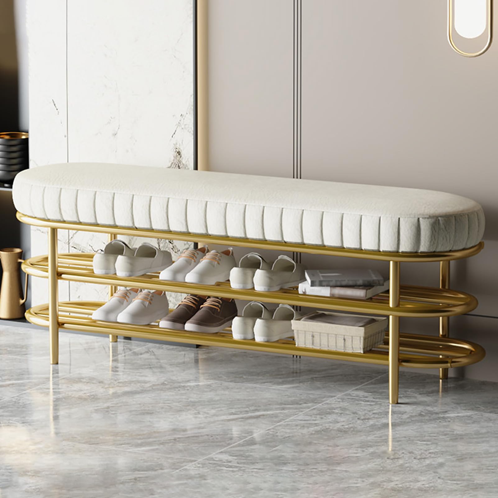 SXZenSpace Shoe Storage Bench, Entryway Rack Mid-Century Modern Synthetic Leather Organizer Bench