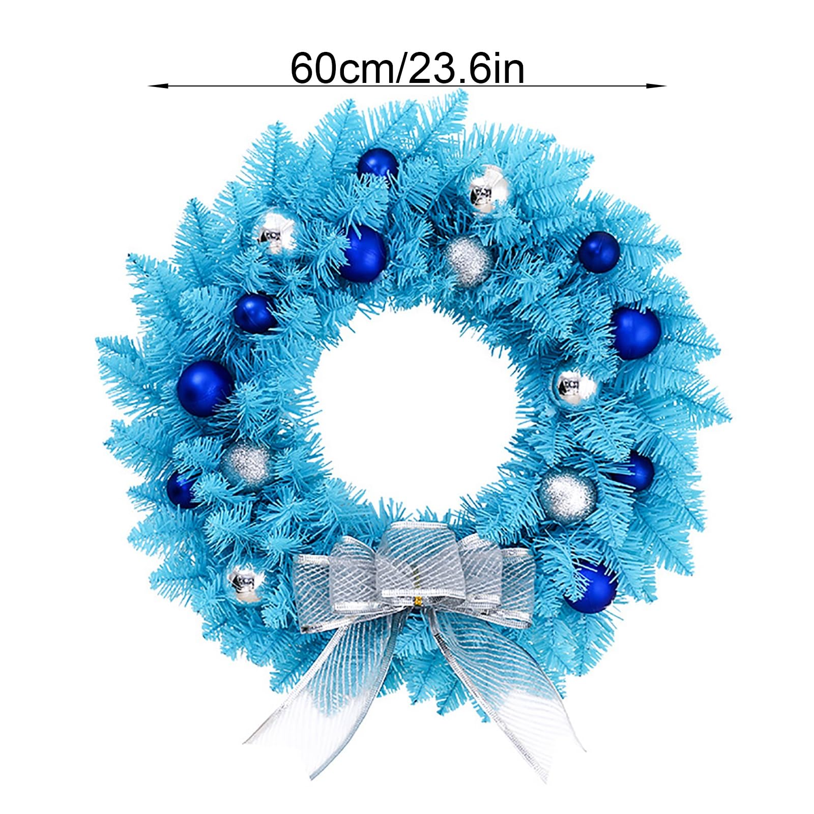 Blauer Weihnachtskranz, Adventskranz Künstlich mit Silbernen Kugeln und Silberner Schleife, für die Haustür, Winterkranz-Dekoration, Hauswand, Fenster, Kamin(60cm/23.6in)