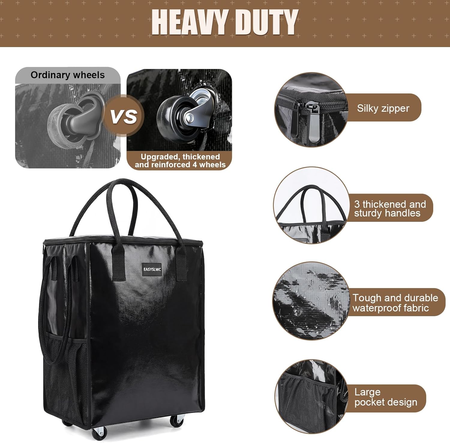 Reusable Hauler Rolling Tote Bag, Collapsible Portable Shopping Cart with Wheels for Groceries, Apartments Laundry, Organization, Heavy Duty Utility Tote, Basket with Wheels, Travel and Moving, 75lbs