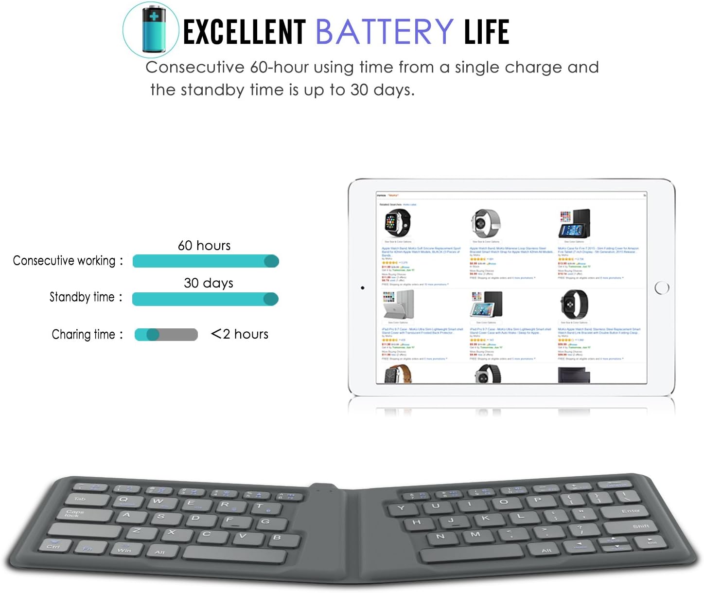 Diménsi lengkep tina MoKo Foldable Keyboard