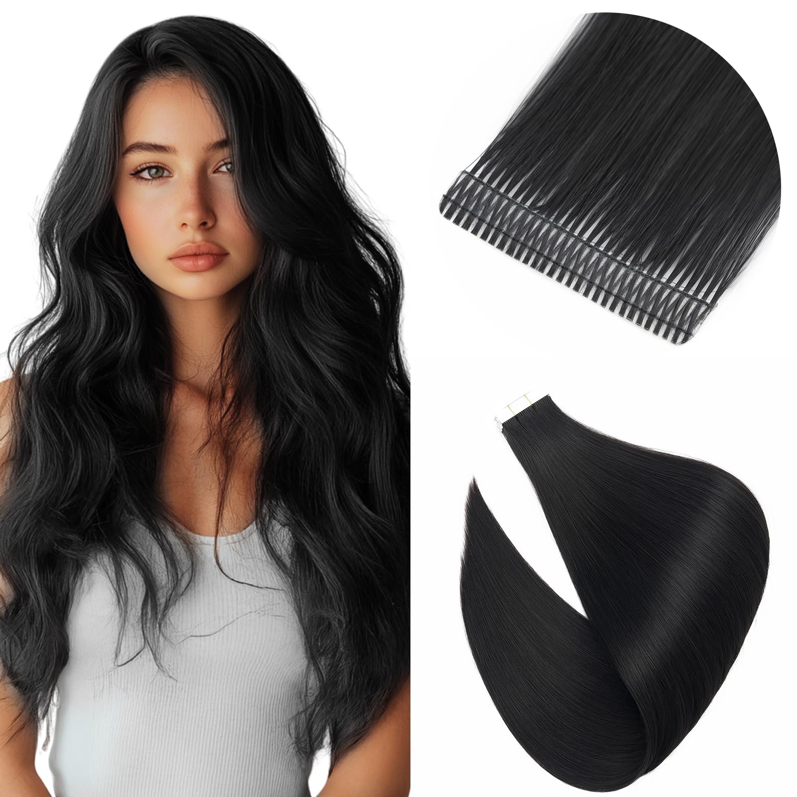 Elailite 14 Inch Tape in Hair Extensions Human Hair Black Real Hair 20 Pcs - Skin Weft Remy Hair Extensions (#1 Jet Black, 14 Inch-40g)