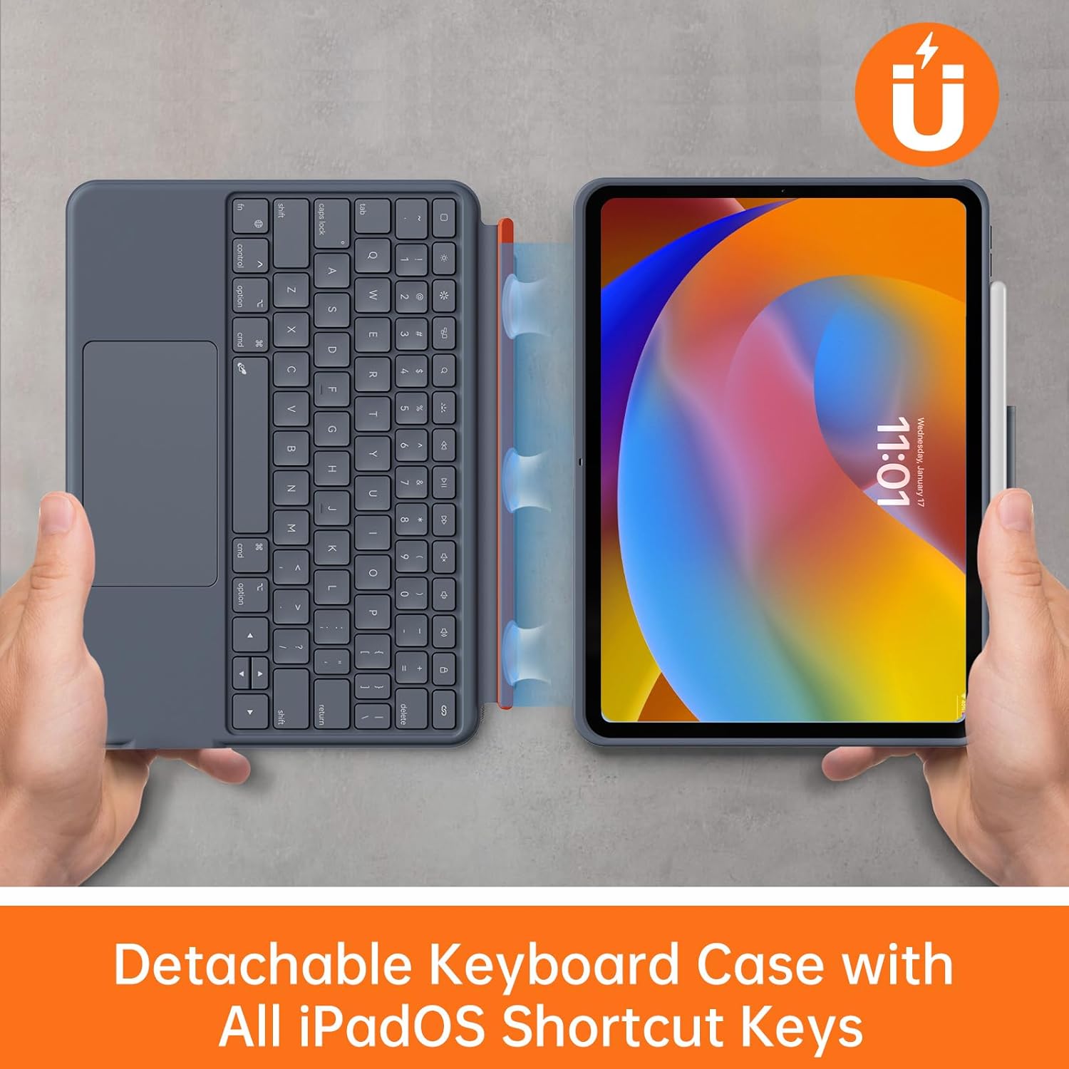 Detachable Keyboard Case for iPad Pro 11 inch(4th, 3rd, 2nd gen): Wireless Magnetic Keyboard with Removable Cover, Multi-Touch Trackpad/Gray