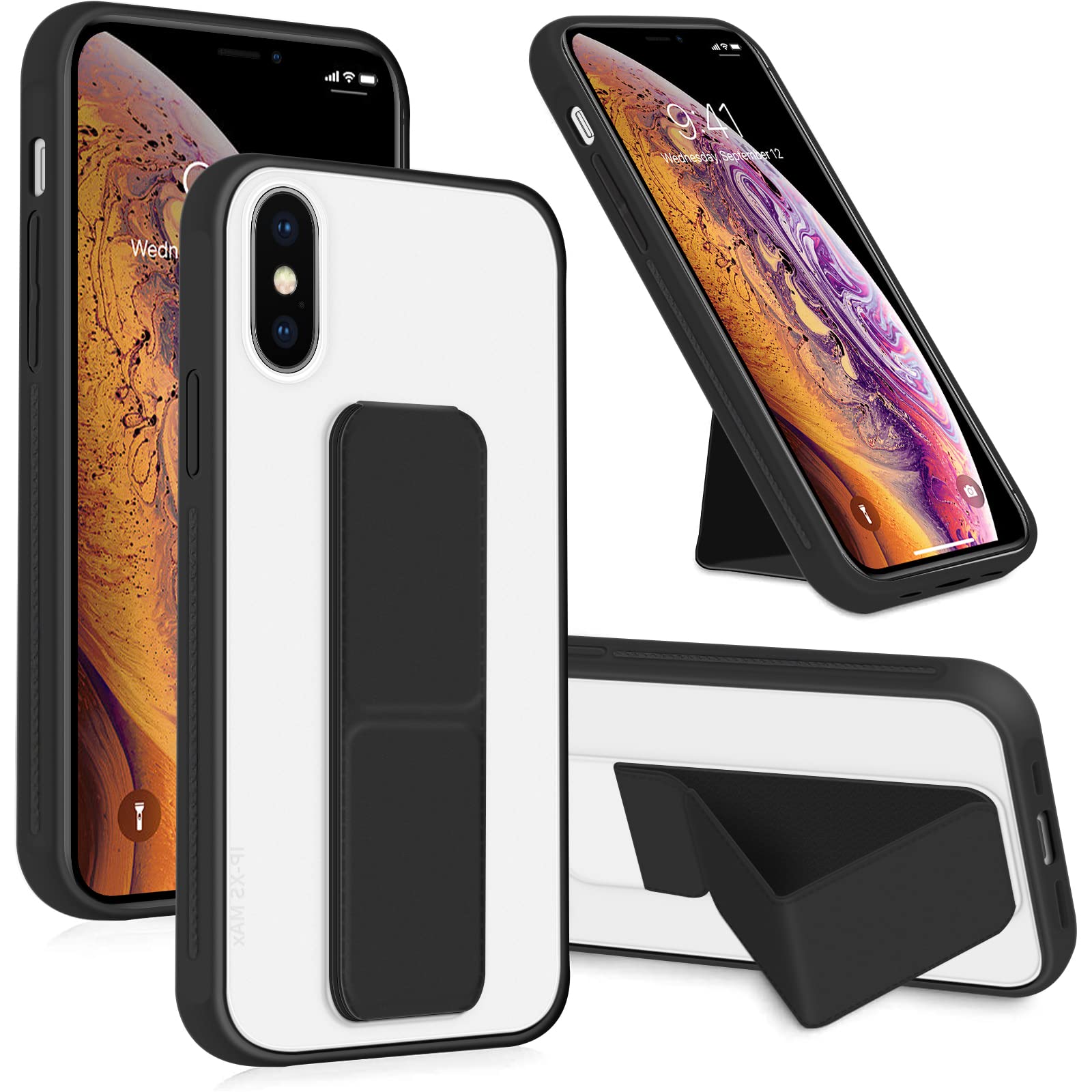 INFOSUN for iPhone Xs Max Case Stand Cover Matte Cases with Frosted Back Hand Grip Kickstand Cover Holder Shockproof Translucent Design for iPhone Xs Max (6.5 Inch) (2018) (Black)