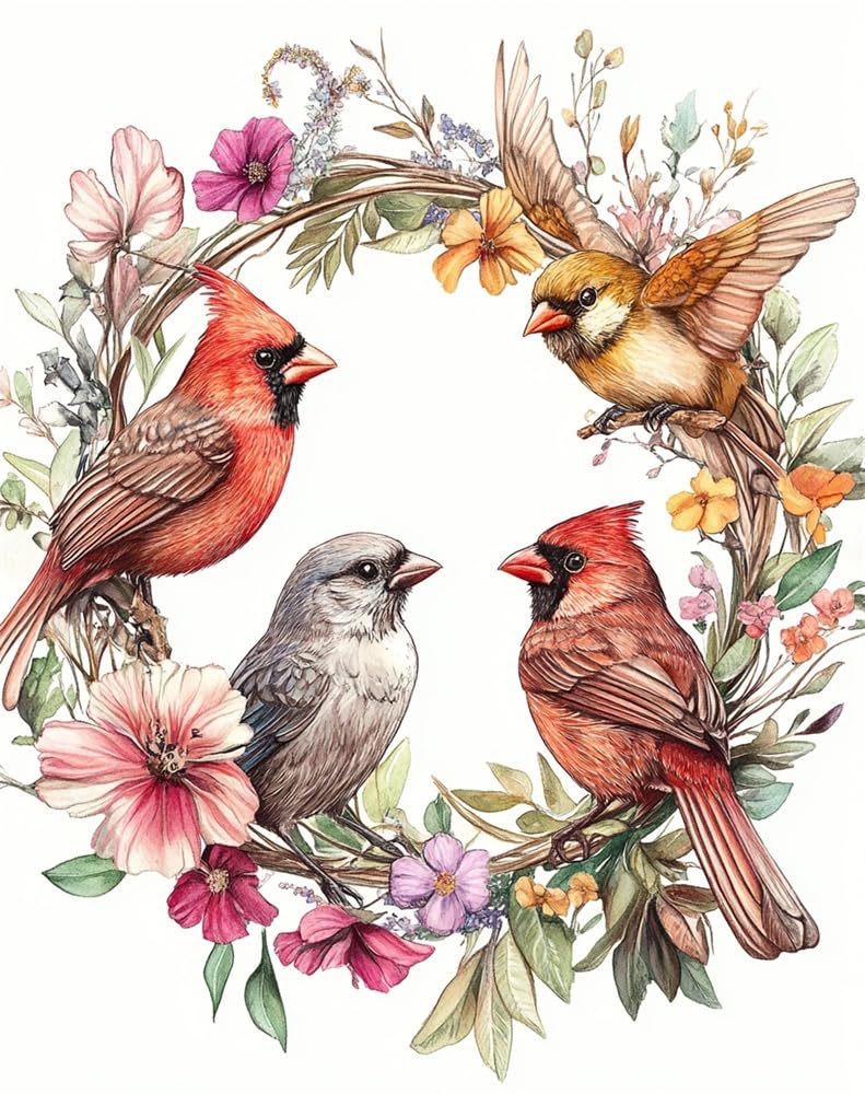 Henypt 11Ct DIY Stamped Cross Stitch Kits for Adults Birds in A Wreath Cross Stitch Kits Landscape Oil Painting Cross-Stitch Kits Counted Embroidery Kits for Adults
