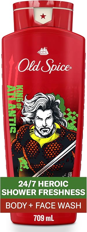 Old Spice Body Wash for Men, Aquaman: King of Atlantis, 3X Defense, 24/7 Shower Fresh with Lasting Scent, Cleansing 2-in-1 Body & Face Wash, Smell Like a Hero, Fresh Ocean and Seastorm Scent, 24 oz